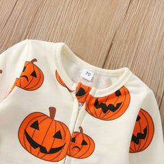 0–24M Baby Boy Halloween Long Sleeve Zipper Pumpkin Romper