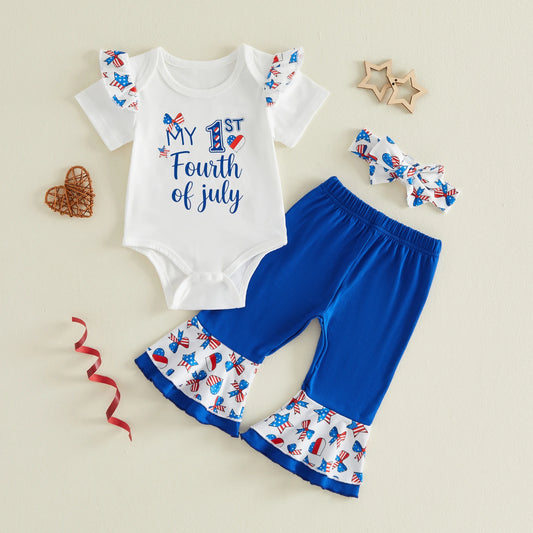 Baby Girl Fourth of July Short Sleeve Romper + Flare Pants + Headband Outfit