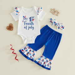 Baby Girl Fourth of July Short Sleeve Romper + Flare Pants + Headband Outfit