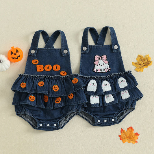 Baby Girl Pumpkin & Ghost Embroidery Halloween Denim Romper