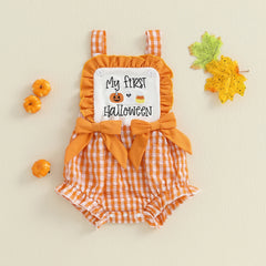 Baby Boy Halloween Pumpkin & Ghost Embroidery Plaid Romper