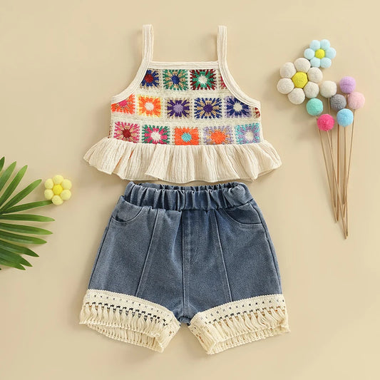 Baby Girls Flowers Camisole with Tasseled Denim Shorts Set