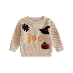 Toddler Unisex Pumpkin & Witch Hat Embroidery Halloween Knit Sweater