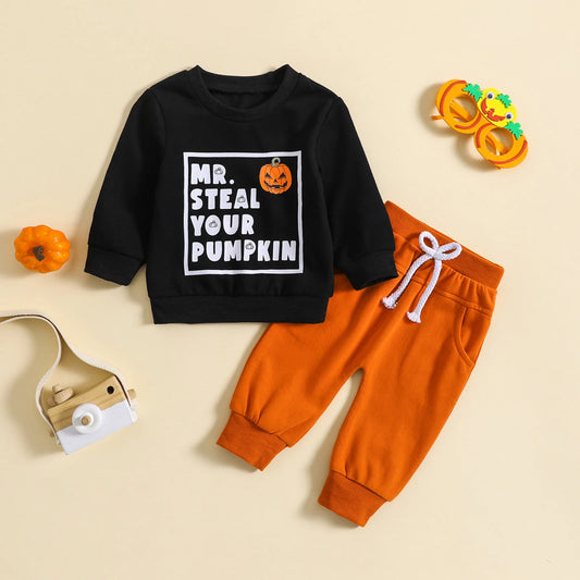 0–3 Years Toddler Boy Letter Print Long Sleeve Top & Solid Pants Halloween Outfit