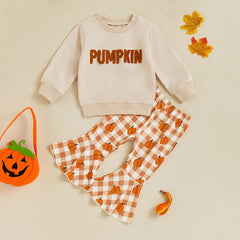 Baby Girls Halloween Letter Embroidered Long Sleeve Sweatshirt + Plaid Pumpkin Flare Pants Outfit