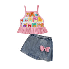 Baby Girl Strawberry Crochet Cami Top and Bow Denim Skorts Set