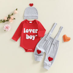 Baby Boy Valentine’s Embroidered Romper, Suspender Pants, and Hat