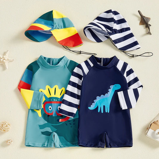 Baby Boys Rash Guard Dinosaur Swimsuit With Swim Cap