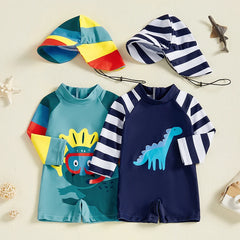 Baby Boys Rash Guard Dinosaur Swimsuit With Swim Cap