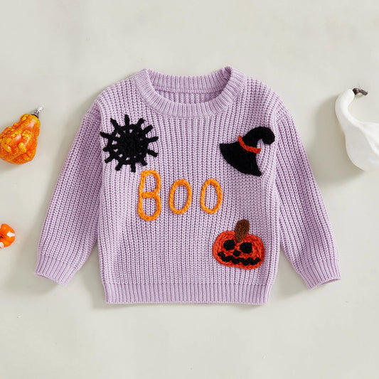 Toddler Unisex Pumpkin & Witch Hat Embroidery Halloween Knit Sweater