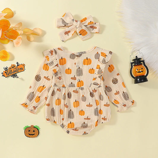 Baby Girl Pumpkin Print Halloween Onesie with Ruffles & Headband