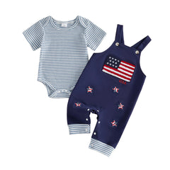 Baby Boys Fourth of July Short Sleeve Striped Romper + Overalls