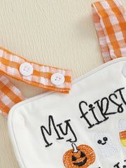 Baby Boy Halloween Pumpkin & Ghost Embroidery Plaid Romper