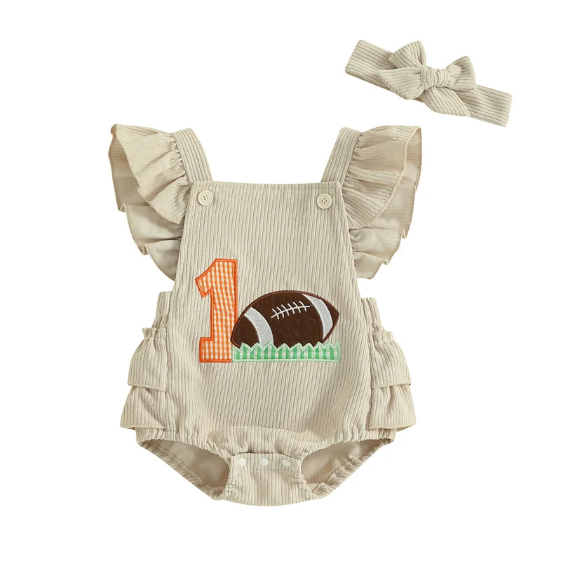 Baby Girls Rugby Embroidery & Headband Romper Set