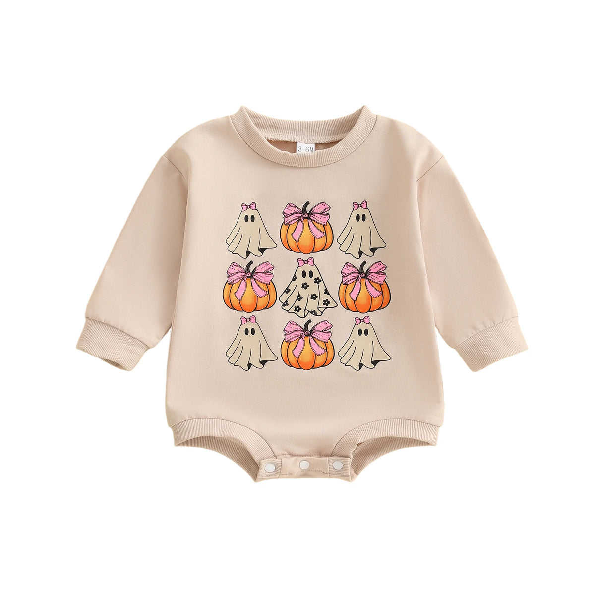 Newborn Girl Long Sleeve Ghost & Pumpkin Print with Bow Halloween Onesie