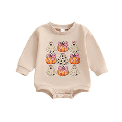 Newborn Girl Long Sleeve Ghost & Pumpkin Print with Bow Halloween Onesie
