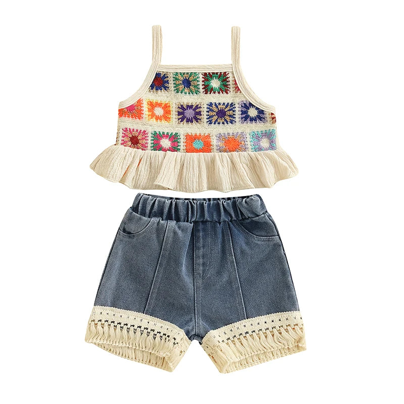 Baby Girls Flowers Camisole with Tasseled Denim Shorts Set