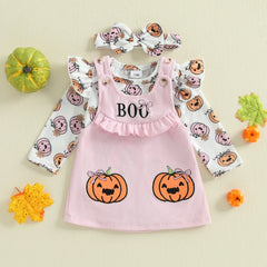 Baby Girl Pumpkin Print Halloween Romper & Dress Set with Bow Headband
