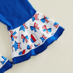 Baby Girl Fourth of July Short Sleeve Romper + Flare Pants + Headband Outfit