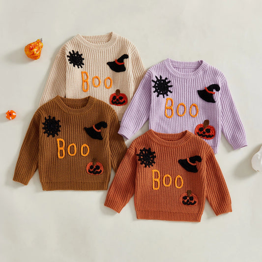 Toddler Unisex Pumpkin & Witch Hat Embroidery Halloween Knit Sweater