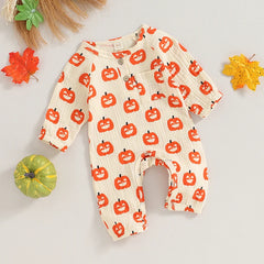 Unisex Baby Long Sleeve Pumpkin Bat Print Halloween Romper