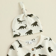 Baby Boys Dinosaur Print Long Sleeve Romper & Hat Fall Outfit Set