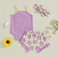 Baby Girl Embroidered Romper, Ruffle Shorts & Headband Set