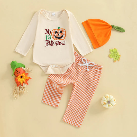 Baby Boys Pumpkin Onesie, Plaid Pants & Hat Halloween 3-Piece Outfit