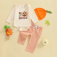 Baby Boys Pumpkin Onesie, Plaid Pants & Hat Halloween 3-Piece Outfit