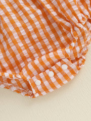 Baby Boy Halloween Pumpkin & Ghost Embroidery Plaid Romper
