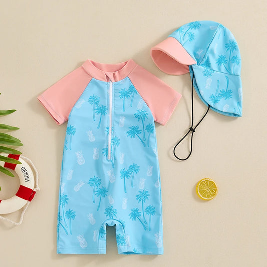 Baby Boy Rash Guard Zip-Up Swimsuit with Sun Hat