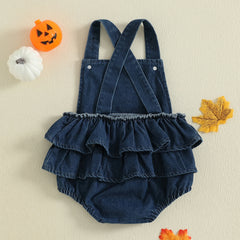 Baby Girl Pumpkin & Ghost Embroidery Halloween Denim Romper