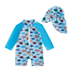 Baby Boy UV Swim Set – Fish Print Rash Guard with Half Zipper & Sunhat
