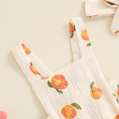 Baby Girls Peach Print Sleeveless Ruffled Jumpsuit with Bow Headband
