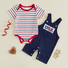 Baby Boys 4th of July Outfit Striped Romper with Flag Embroidery Overalls