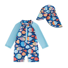 Baby Boy UV Swim Set – Fish Print Rash Guard with Half Zipper & Sunhat