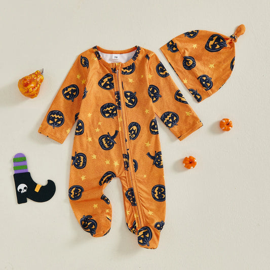Newborn Baby Boy Pumpkin Print Halloween Romper & Hat Set