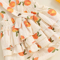 Baby Girls Peach Print Sleeveless Ruffled Jumpsuit with Bow Headband