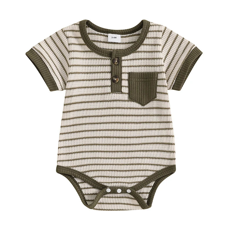 Baby Boy Striped Short-Sleeve Button-Up Onesie, Loose Fit