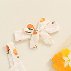 Baby Girls Peach Print Sleeveless Ruffled Jumpsuit with Bow Headband