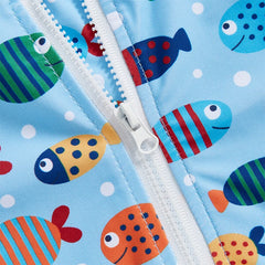 Baby Boy UV Swim Set – Fish Print Rash Guard with Half Zipper & Sunhat