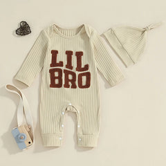 Newborn Baby Boy "Lil Bro" Ribbed Romper & Hat Set