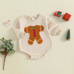 Unisex Baby Long Sleeve Gingerbread Man Embroidery Christmas Romper