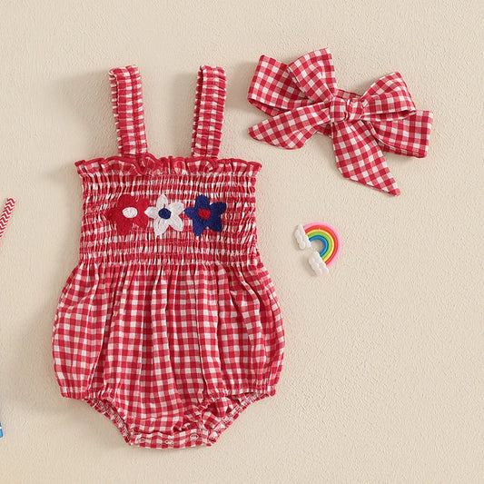 Baby Girl July 4th Outfit Plaid Letter Embroidery Romper Headband Summer Set