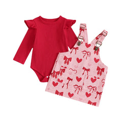 Baby Girl Ribbed Romper and Heart-Print Valentine’s Overall Dress Set