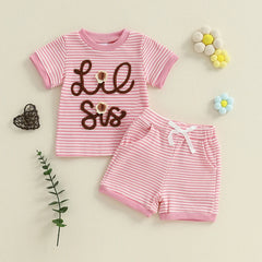Sister Matching Floral Letter Top & Striped Shorts Outfit Set