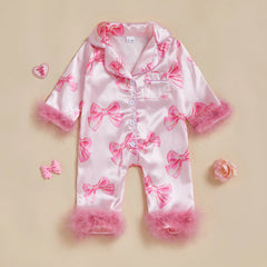 0-24M Baby Girl Bow Print Furry Romper Pajamas