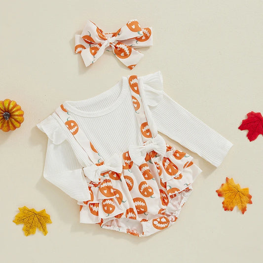 Baby Girl Halloween Pumpkin Long Sleeve Jumpsuit Romper with Ruffled Hem & Headband