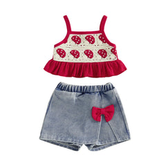 Baby Girl Strawberry Crochet Cami Top and Bow Denim Skorts Set