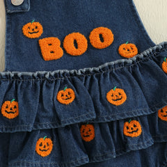 Baby Girl Pumpkin & Ghost Embroidery Halloween Denim Romper